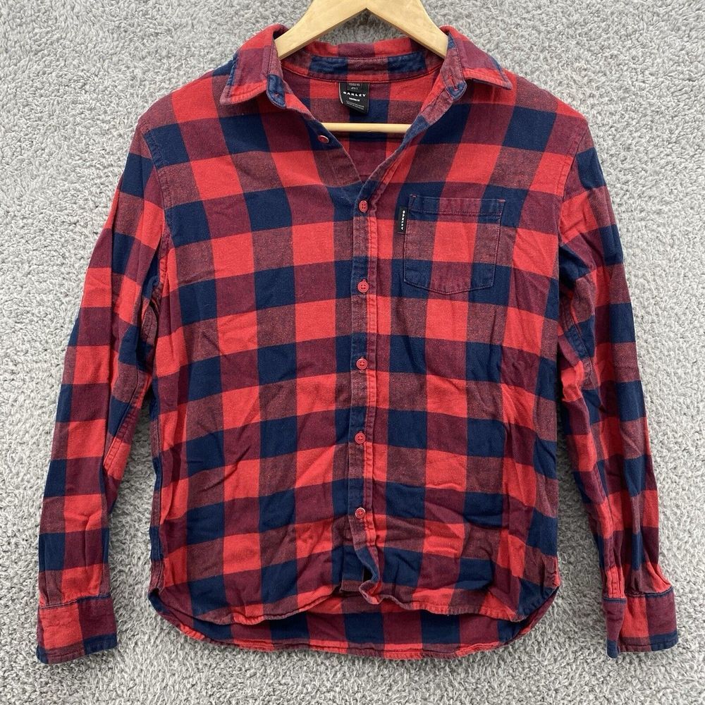 Oakley Womens XS Flannel Shirt Long Sleeve Red Plaid Pocket Button Logo Outdoor